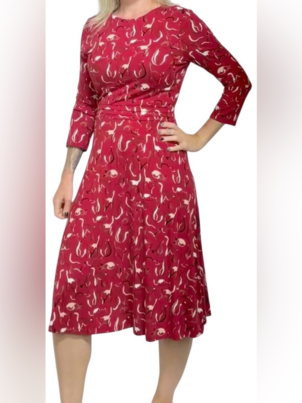 Hobbs Cat Print Tea Dress Red US 8 Artsy Whimsical